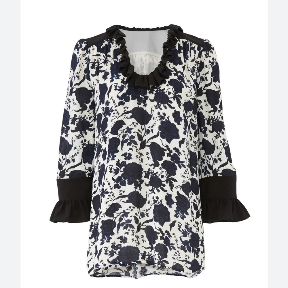 Tory Burch Floral Viscose and Silk Inky Blooms navy white Ruffle Blouse‎ M